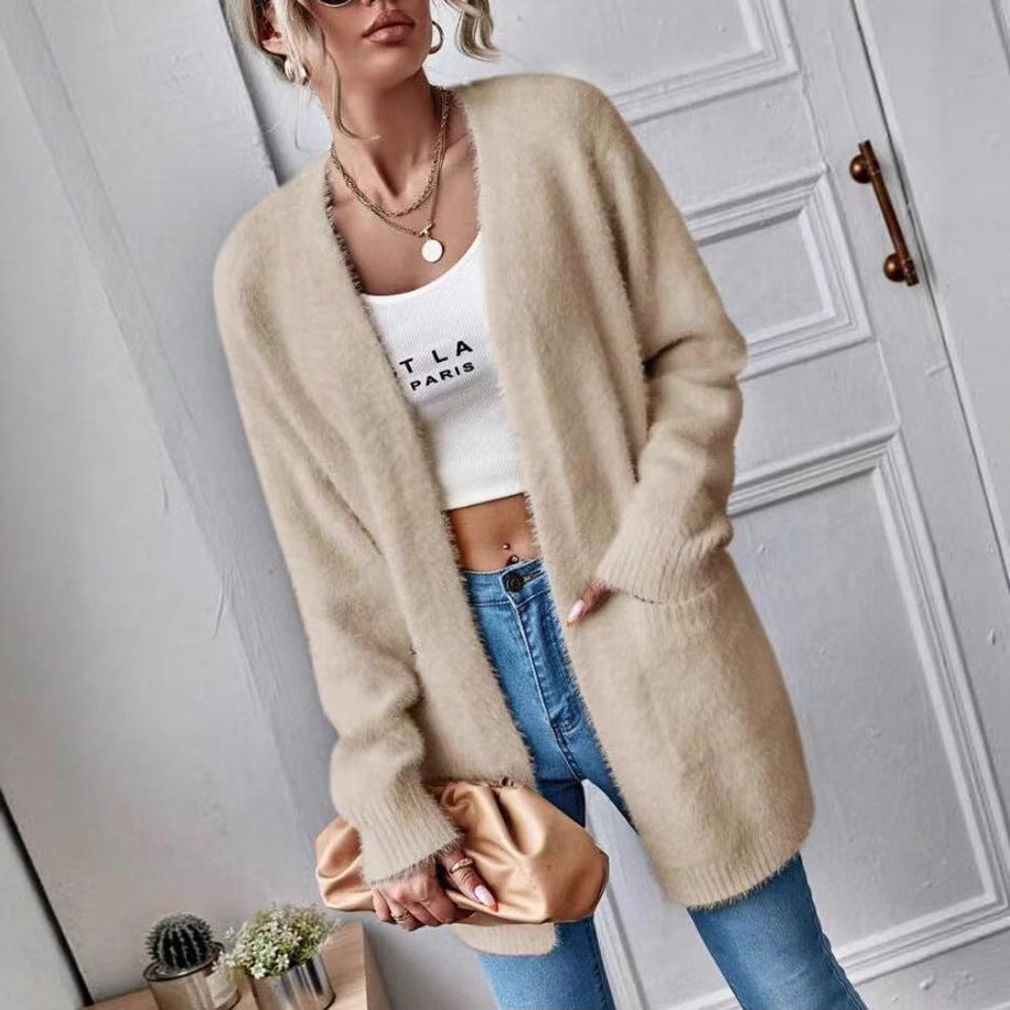 Damen Flauschiger Offener Cardigan aus weichem Material EB