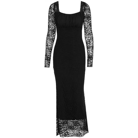 Damen elegantes Spitzenkleid mit langem Arm und figurbetontem Schnitt EB