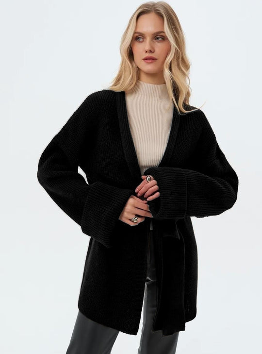 Damen Strickjacke mit Bindegürtel und weit geschnittenen Ärmeln EB
