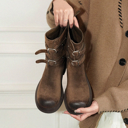 Damen modische Ankle Boots mit dekorativen Riemen und robustem Sohlenprofil EB