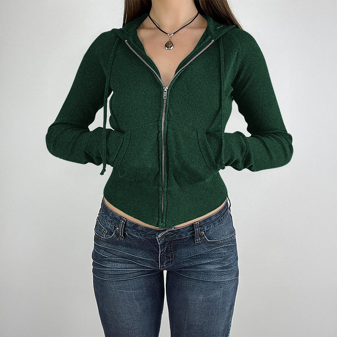 Damen nan schmal geschnittene Feinstrick-Hoodiejacke mit Metallzipper, Kängurutaschen und Daumenlochbündchen EB