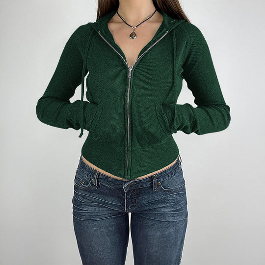 Damen nan schmal geschnittene Feinstrick-Hoodiejacke mit Metallzipper, Kängurutaschen und Daumenlochbündchen EB
