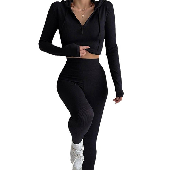 Damen geripptes Lounge-Set mit halbem Reißverschluss und hoher Taille EB
