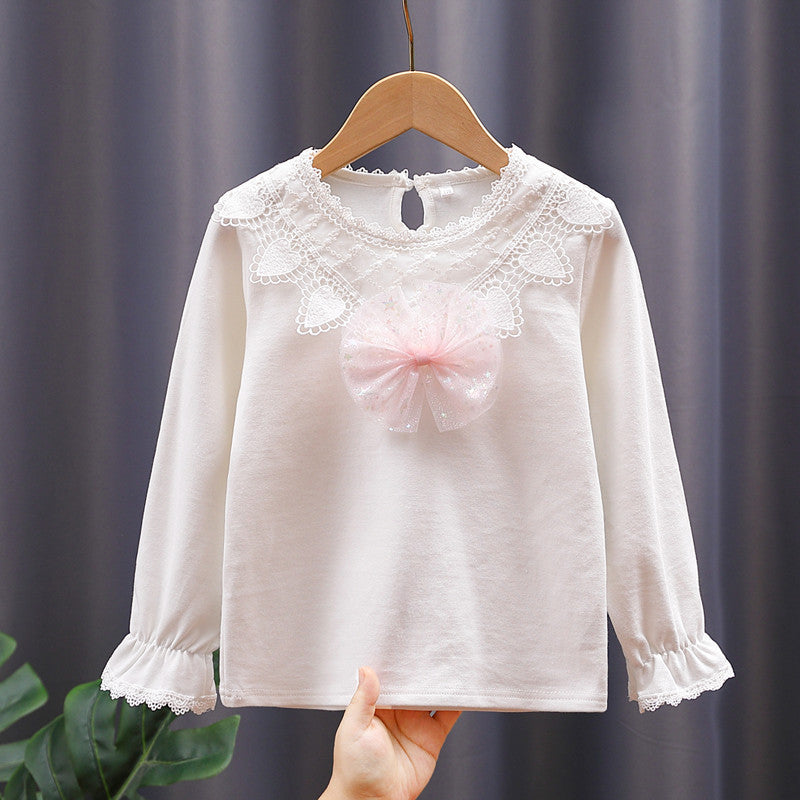 Mädchen Langarmshirt mit niedlicher Spitzenverzierung und Schleifendekor EB