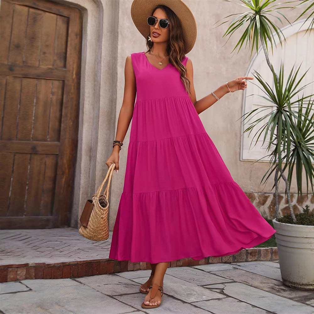 Damen Elegantes Sommer-Maxi-Kleid mit voluminösem Rock und V-Ausschnitt EB