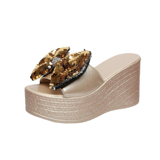 Damen Plateau-Pantoletten mit glitzerndem Schleifen-Design EB