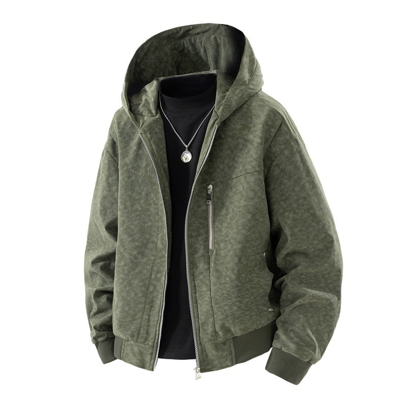 Herren Kapuzenblouson im Vintage-Suede-Look mit durchgehendem Reißverschluss und Rippenbündchen EB