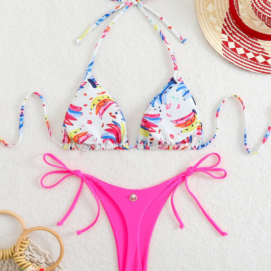 Damen Triangel-Bikini mit verspieltem Farbdesign und verstellbaren Bindebändern EB