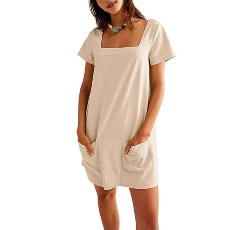 Damen lässiges Tunika-Kleid mit praktischen Taschen und Quadrat-Ausschnitt EB