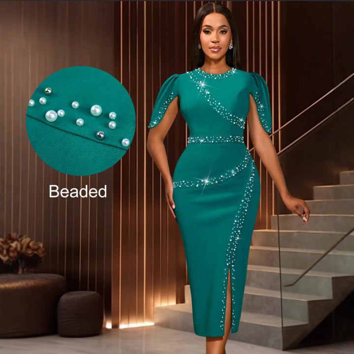 Damen Chic Glamour Kleid mit asymmetrischem Schlitz und funkelnden Strassdetails EB