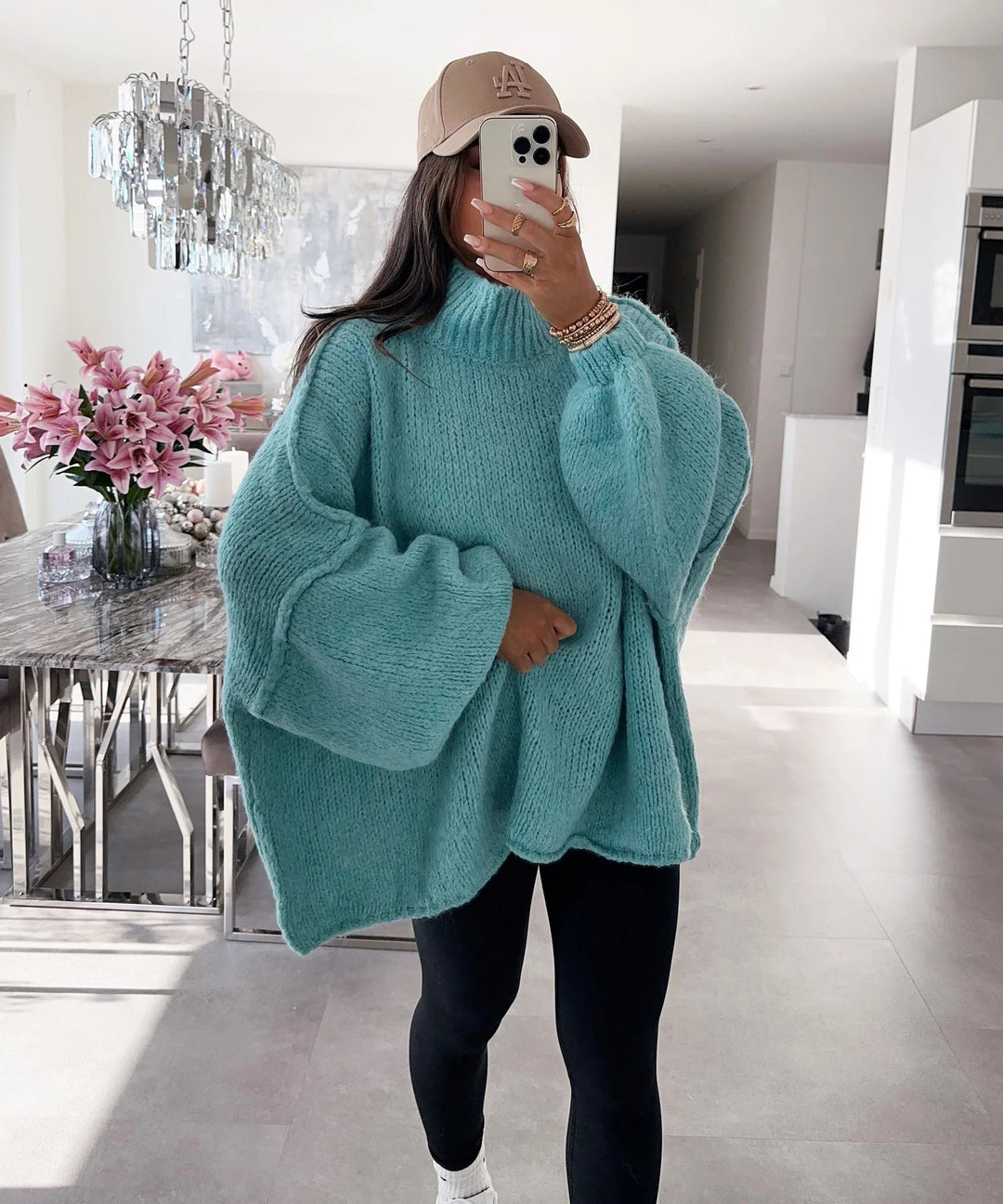 Damen lässiger Oversize Pullover mit hohen Ärmeln und unkonventionellem Schnitt EB