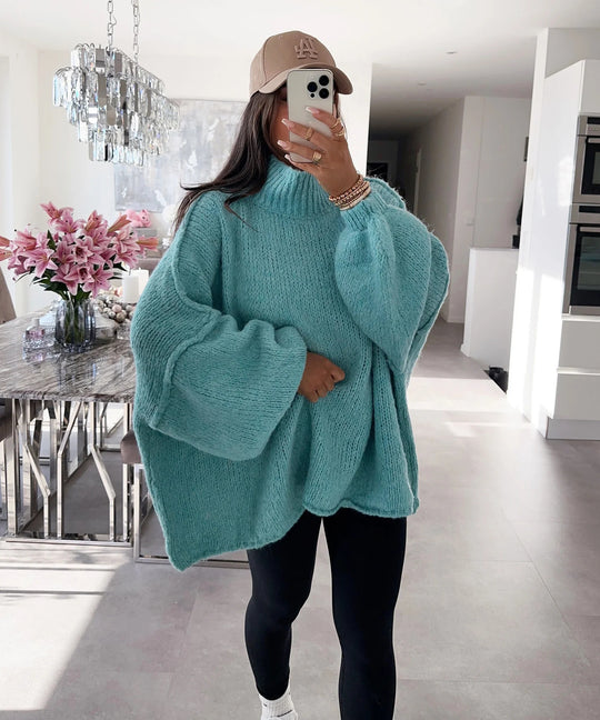 Damen lässiger Oversize Pullover mit hohen Ärmeln und unkonventionellem Schnitt EB