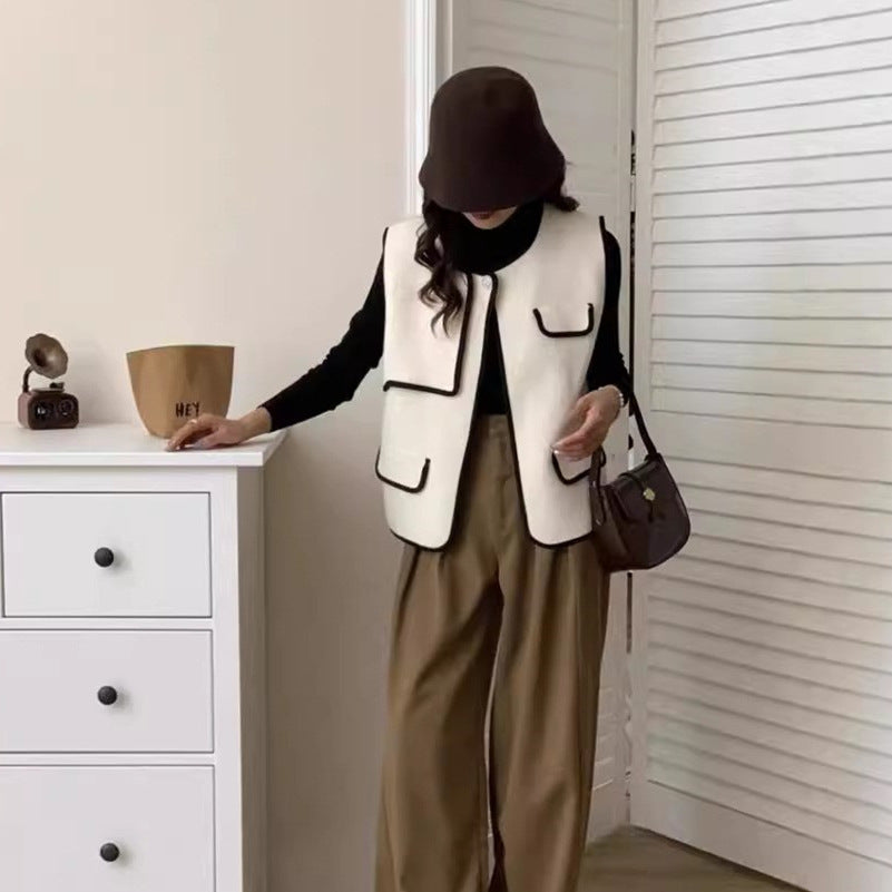 Damen Stilvolle Weste mit kontrastierenden Taschen und Knopfdetails EB