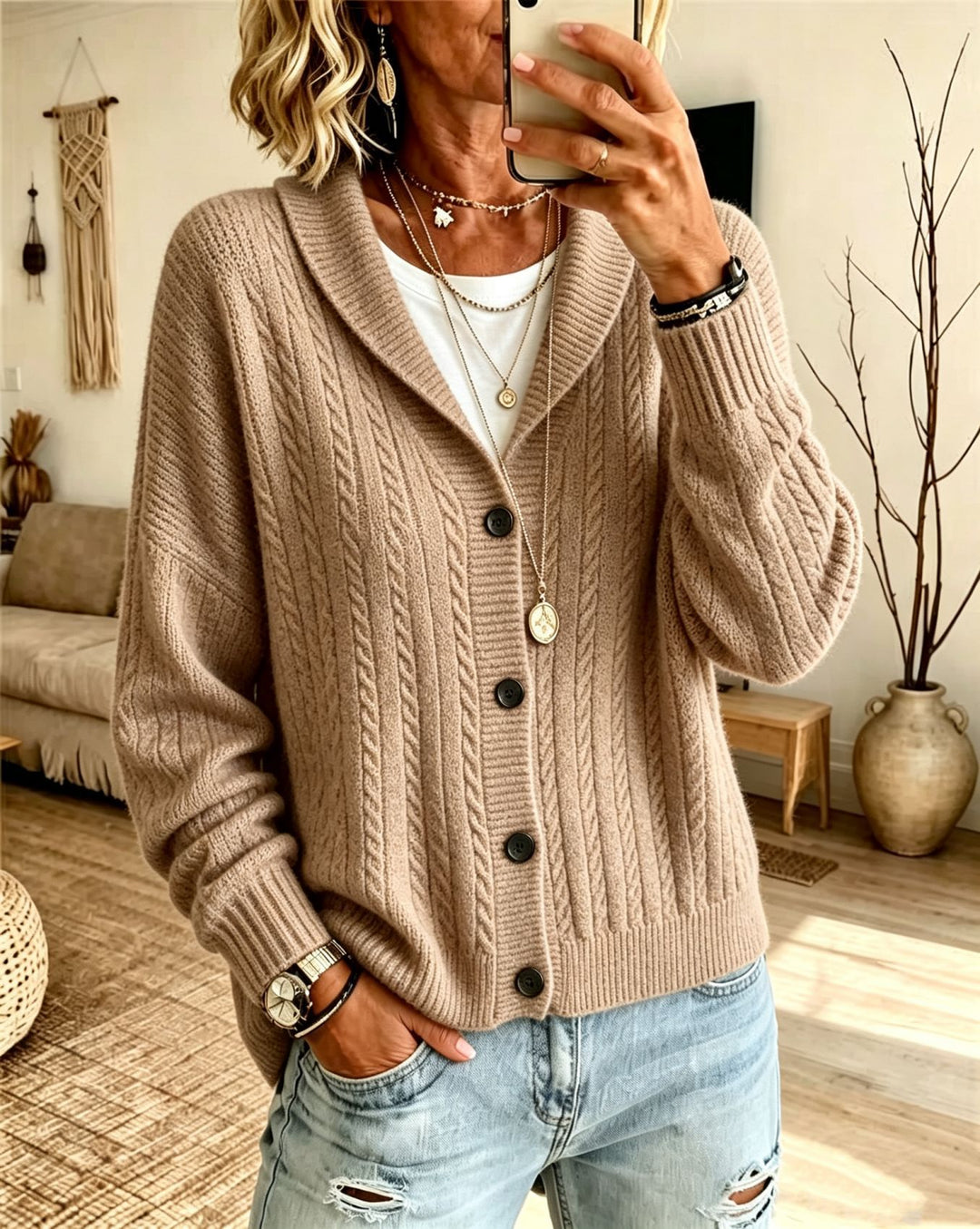 Damen Langer Schalkragen-Cardigan aus Zopfmuster mit gerippten Bündchen EB