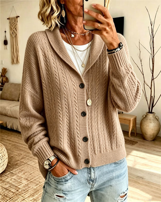 Damen Langer Schalkragen-Cardigan aus Zopfmuster mit gerippten Bündchen EB