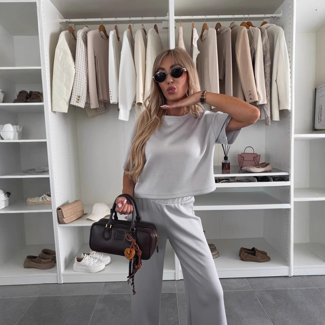 Damen Loungewear-Zweiteiler mit Cropped-Boxy-Shirt und fließender High-Waist Palazzo-Hose EB