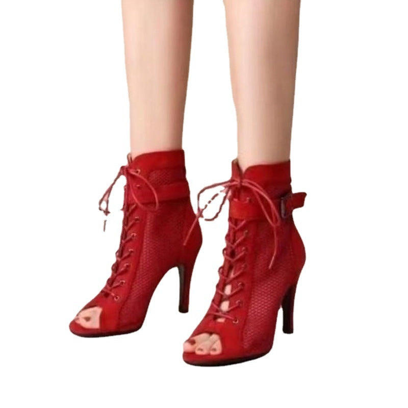 Damen Netz-Stiefeletten mit eleganter Schnürung und hohem Absatz EB