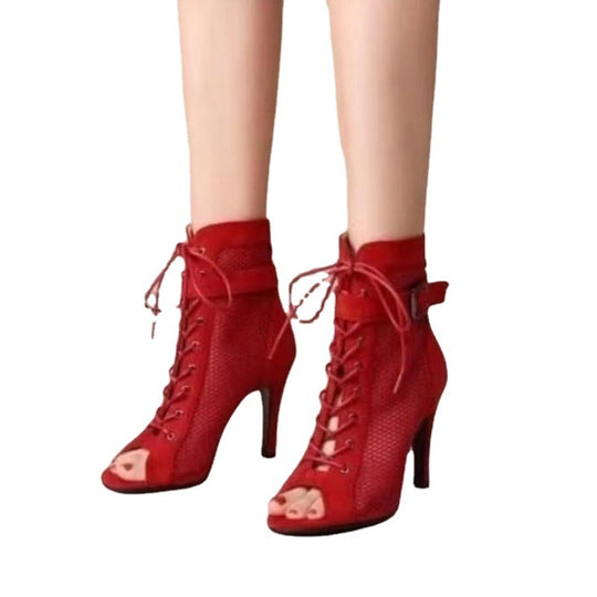 Damen Netz-Stiefeletten mit eleganter Schnürung und hohem Absatz EB