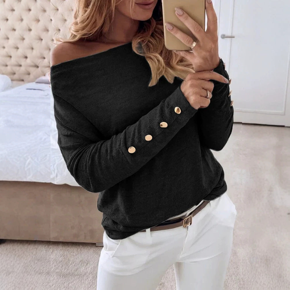 Damen Offshoulder Feinstrickpullover mit Zierknopfleiste an den Ärmeln EB