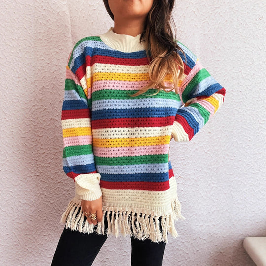 Damen entzückender Pullover mit Fransen und buntem Streifenmuster EB   