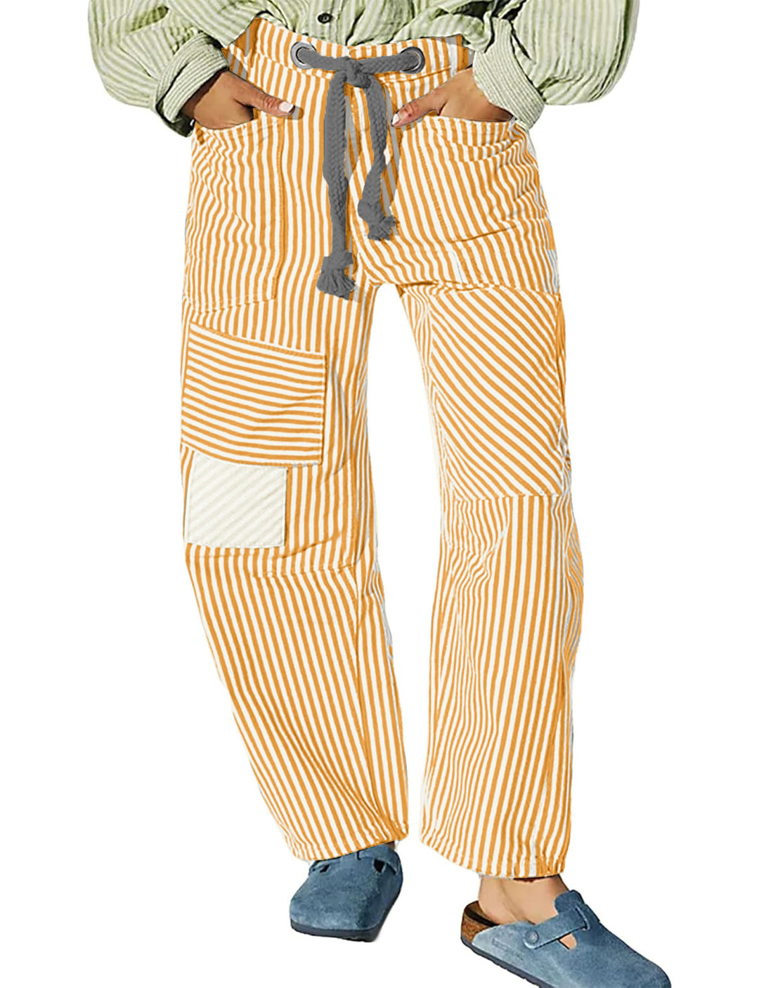 Damen nan lässige gestreifte Leinenhose mit Kordelzug und aufgesetzten Taschen EB