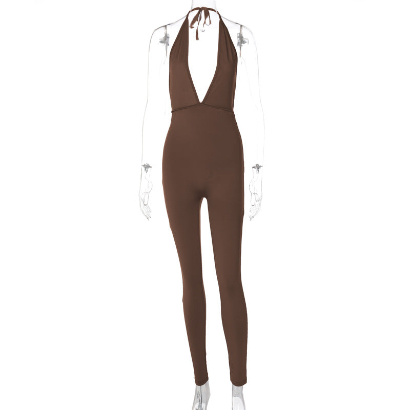 Damen eleganter Jersey-Einteiler mit tiefem Ausschnitt und Bindebändern EB