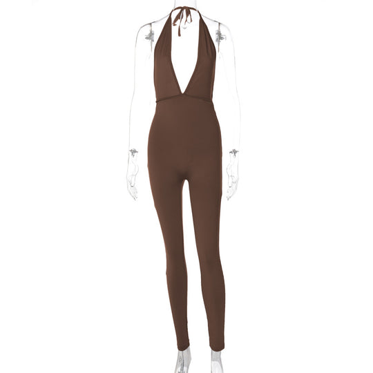 Damen eleganter Jersey-Einteiler mit tiefem Ausschnitt und Bindebändern EB