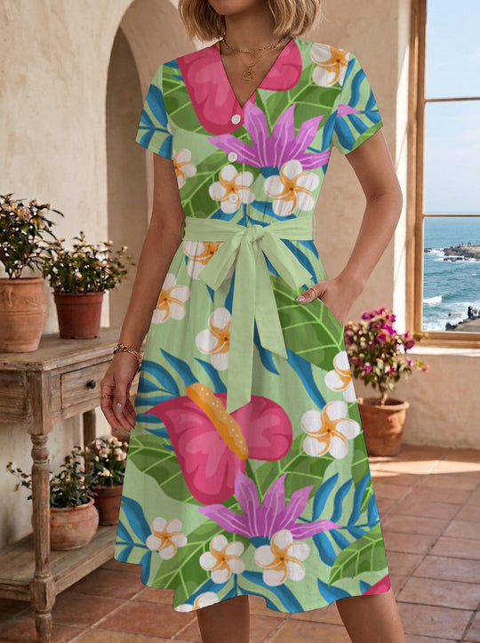 Damen Midi Kleid mit floralen Akzenten und tailliertem Schnitt EB