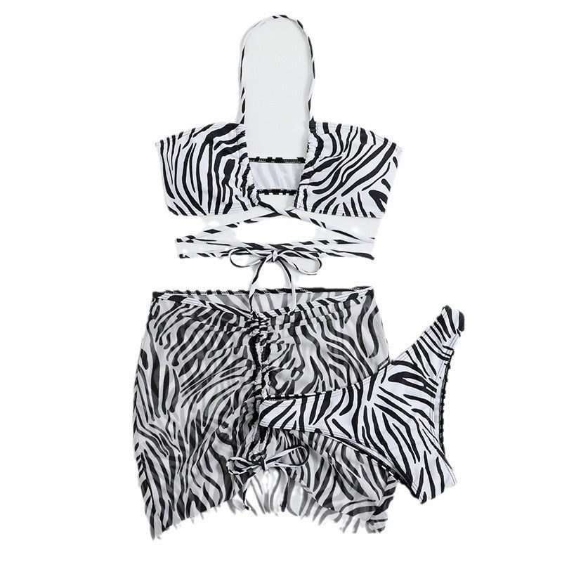 Damen Triangel-Bikini-Set mit transparentem Wickelrock und animalischem Muster EB