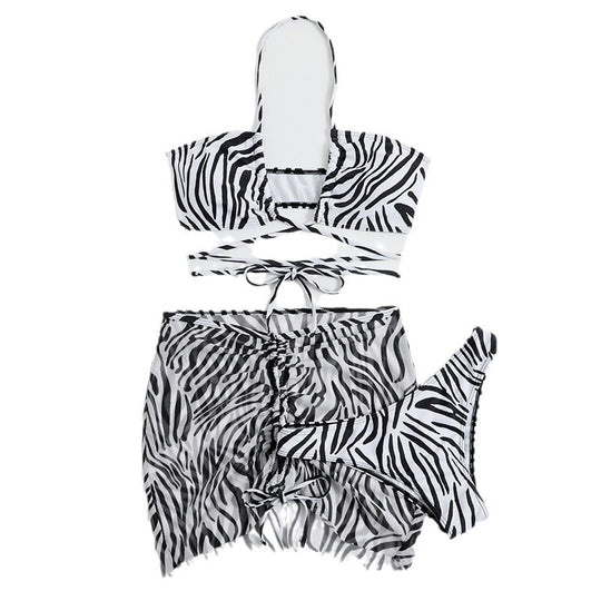 Damen Triangel-Bikini-Set mit transparentem Wickelrock und animalischem Muster EB