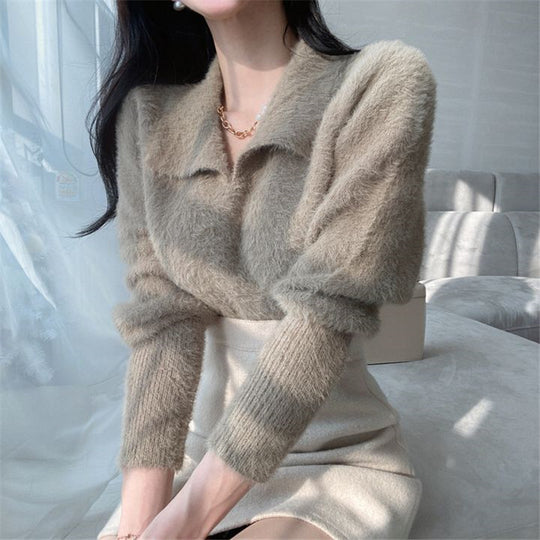 Damen Weicher Strickpullover mit elegantem Kragen und Puffärmeln EB
