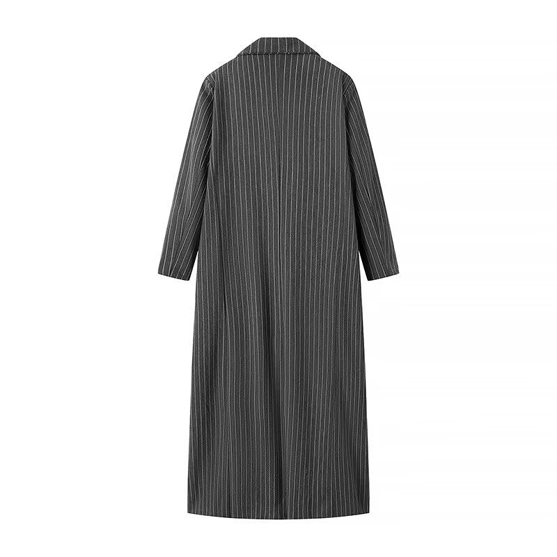 Damen eleganter gestreifter Langblazer mit doppelter Knopfleiste und seitlichen Taschen EB