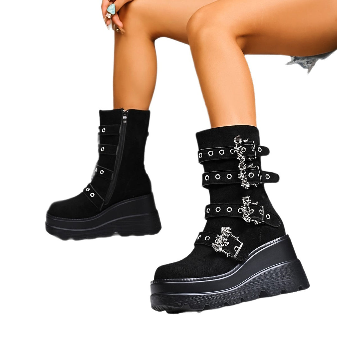 Damen Wedge-Stiefeletten mit modischen Schnallen und rutschfester Sohle EB
