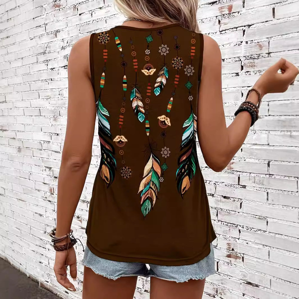 Damen ärmelloses Oberteil mit buntem Feder- und Blumenmuster EB
