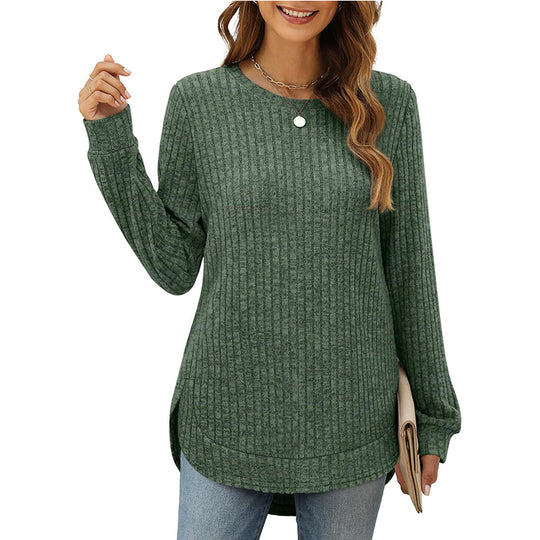 Damen Bequemer Ripp-Pullover mit seitlichen Schlitzen und Rundhals EB