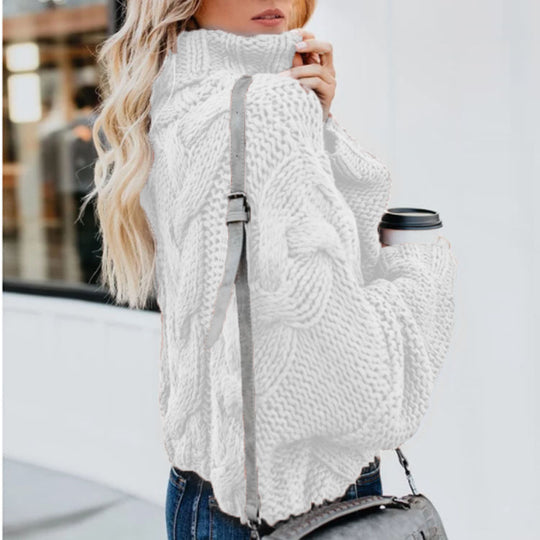 Damen Grobstrickpullover mit hohem Kragen und Zopfmuster EB