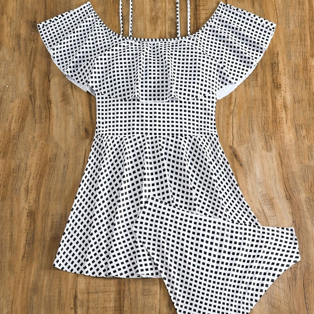 Damen Badeanzug-Set mit Rüschendetails und elegantem Karomuster EB