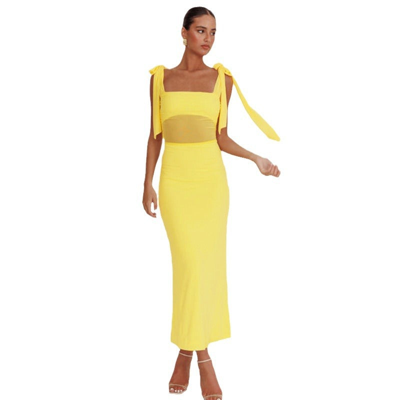 Damen elegantes Maxikleid mit transparenter Spitze und Schulterbändern EB
