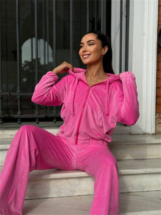 Damen Velours-Zip-Kapuzenjacke mit Marlene-Jogginghose Lounge-Set EB