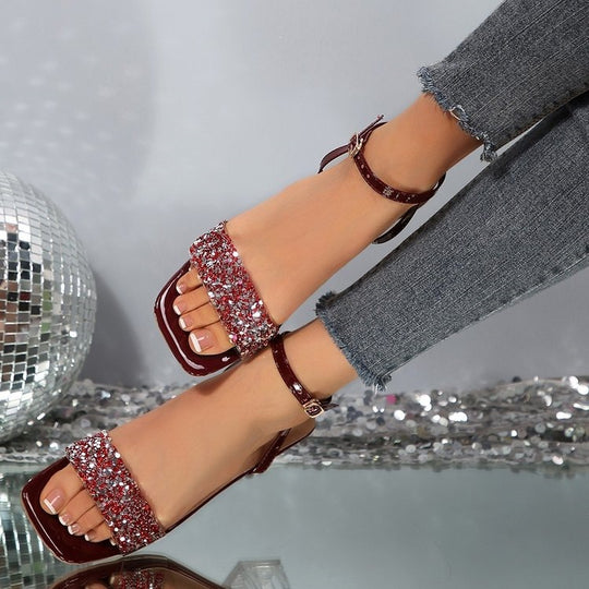 Damen Glitzernde und elegante Sandalen mit transparentem Blockabsatz EB