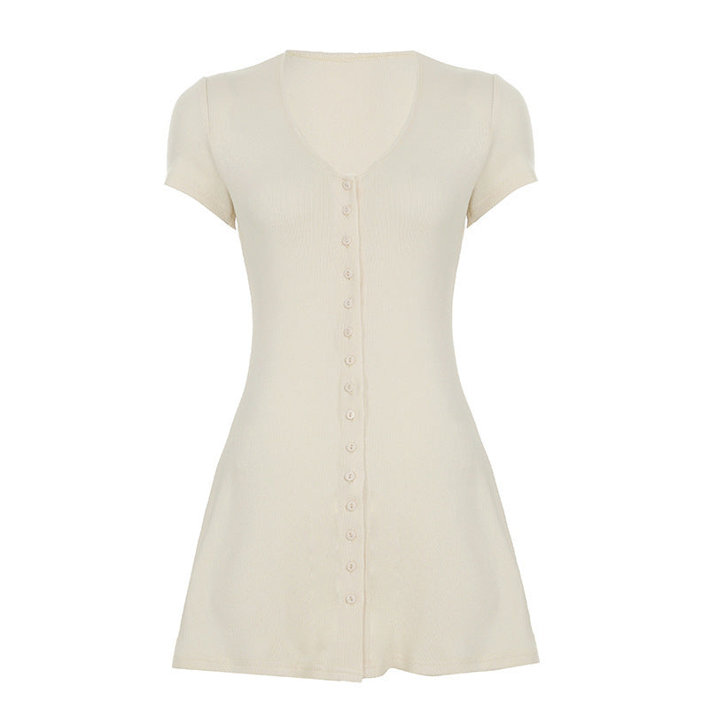 Damen Kurzarm-Strickkleid mit Knopfdetail und schmeichelndem Schnitt EB