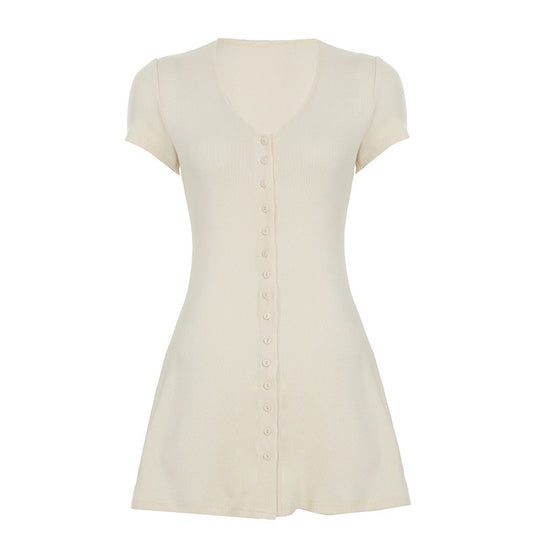 Damen Kurzarm-Strickkleid mit Knopfdetail und schmeichelndem Schnitt EB