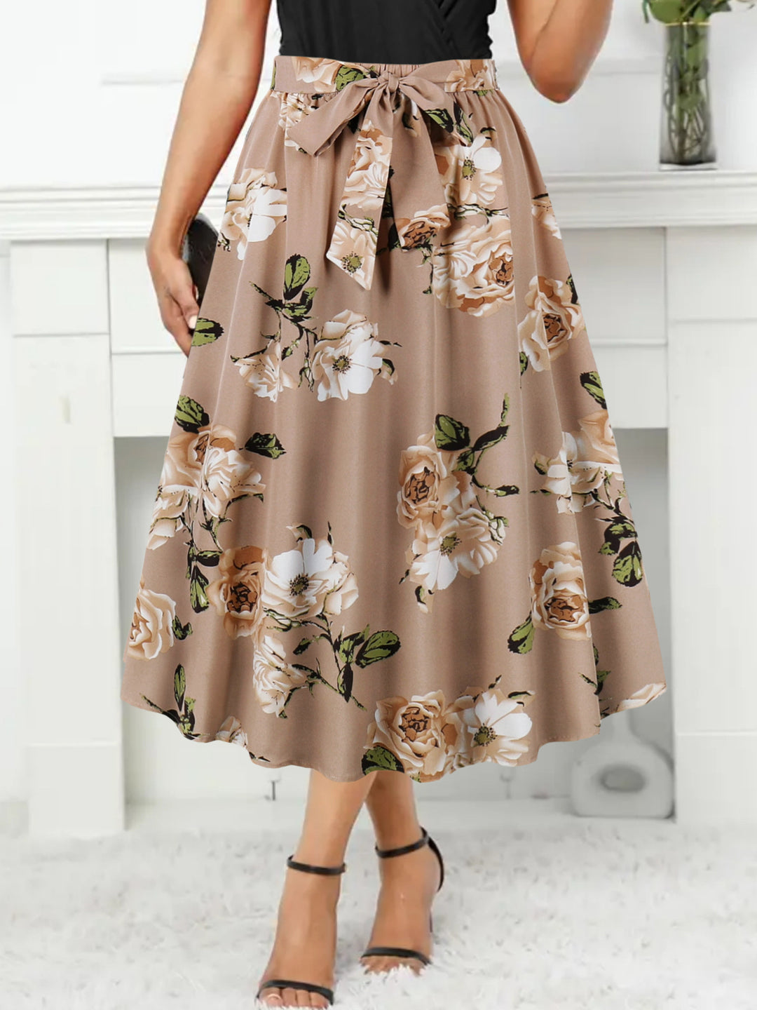 Damen Maxi-Rock mit floralem Muster und taillierter Schleife EB
