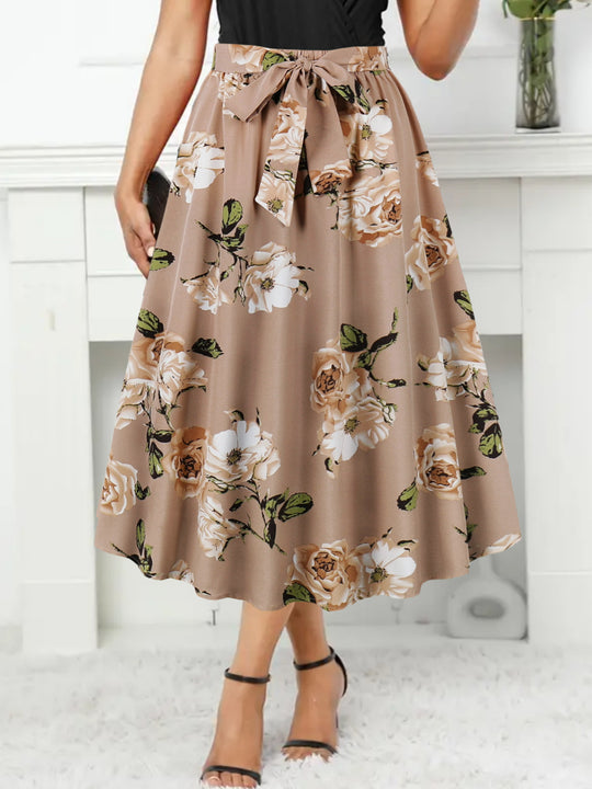 Damen Maxi-Rock mit floralem Muster und taillierter Schleife EB