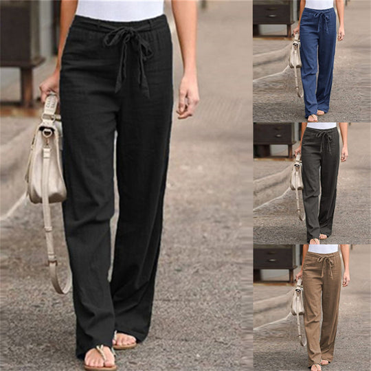 Damen nan weite Leinenhose mit Tunnelzugbund, geradem Bein und Eingrifftaschen EB