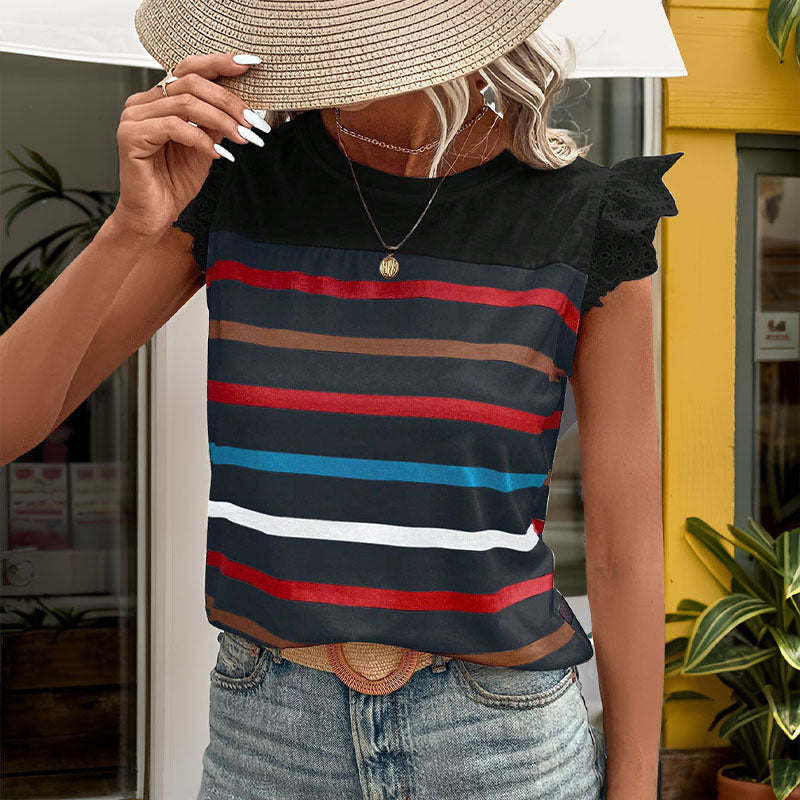 Damen T-Shirt mit Spitzenärmeln und gestreiftem Design EB