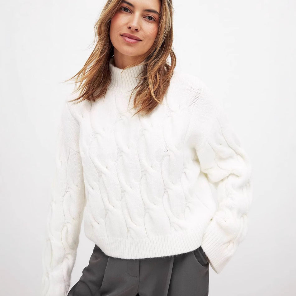 Damen Grobstrickpullover mit einem hohen Kragen und romantischem Zopfdesign EB