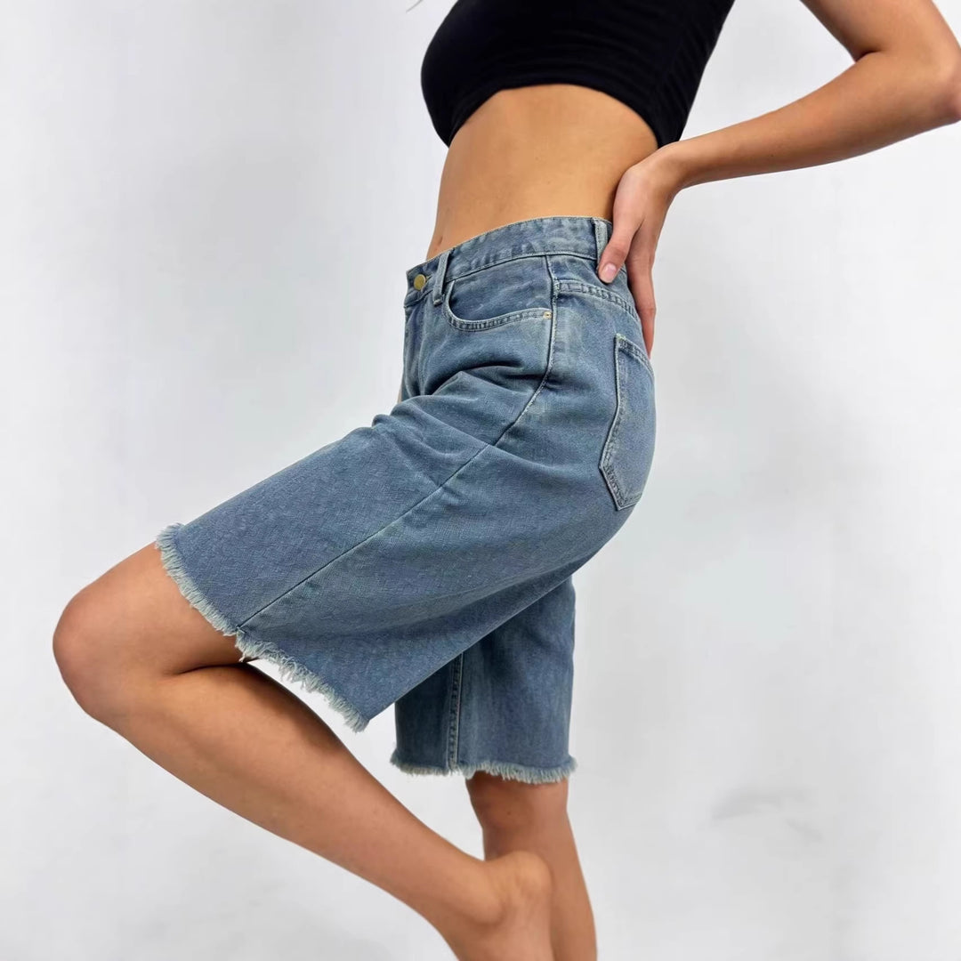 Damen lässige Denim-Shorts mit ausgefransten Säumen und hoher Taille EB
