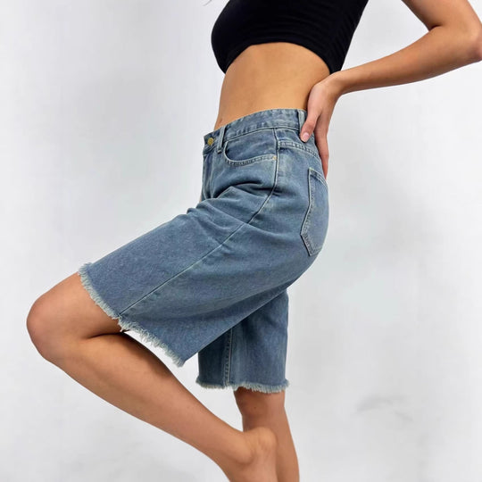 Damen lässige Denim-Shorts mit ausgefransten Säumen und hoher Taille EB