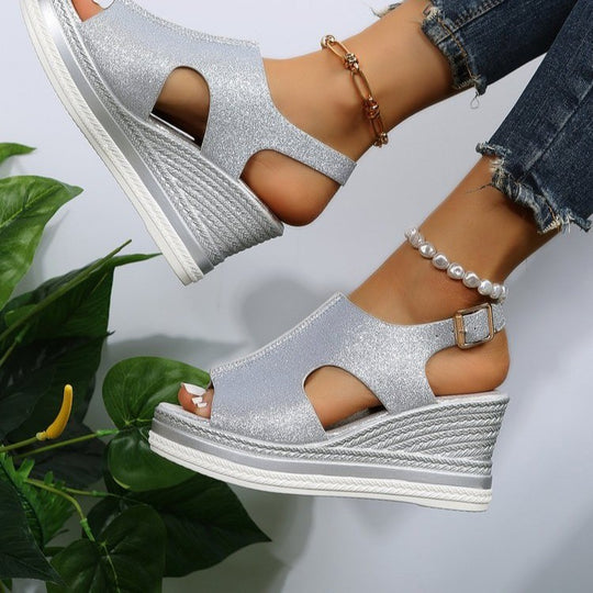 Damen Wedge-Sandalen mit glitzerndem Obermaterial und komfortablem Fußbett EB